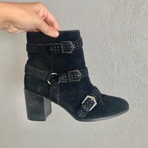 Boho Boots Size 6.5 Black Grunge Suede Leather Silver Studs Buckle Accents